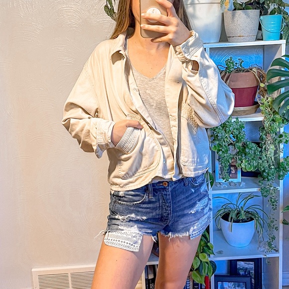 Topshop Jackets & Blazers - Topshop Oversized Denim Jacket Beige Long Sleeve Cropped Collared Bomber